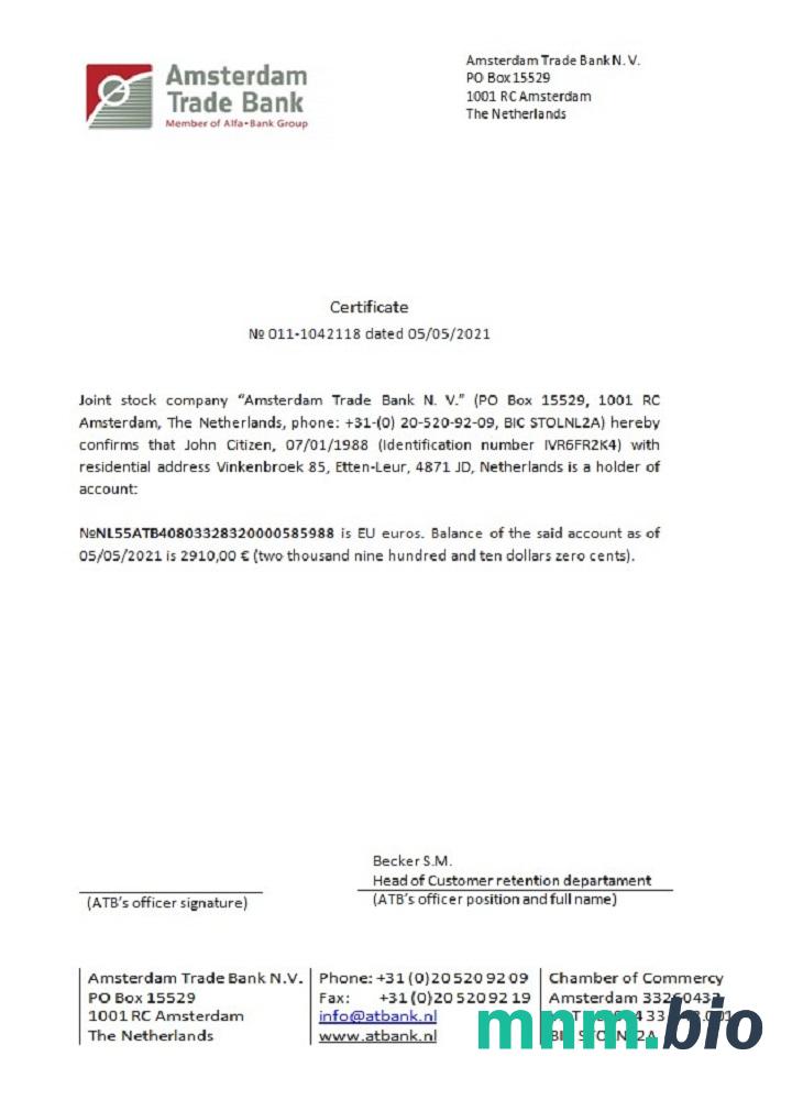 Holandia Amsterdam Trade Bank certificate